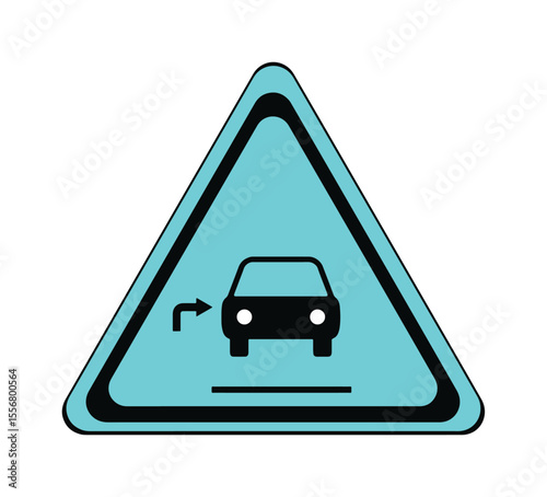 Triangular Blue Traffic Sign with Car and Right Turn Arrow