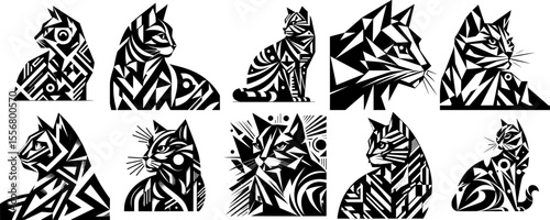 set of ten geometric cat vector in modern cubism style, bold black and white abstract pattern