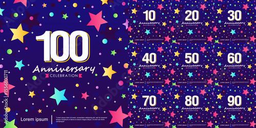 Set of 10-100th years anniversary celebration emblem. congratulation anniversary logo isolated with ribbon and stars twinkle sparkle. vector illustration template design for web banner