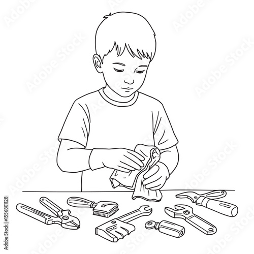 Young boy cleaning tools preparing for maintenance or simple repair tasks illustration