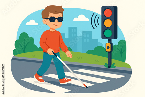 Teenager with White Cane Crossing Street with Audible Traffic Light - Clean Colorful Illustration