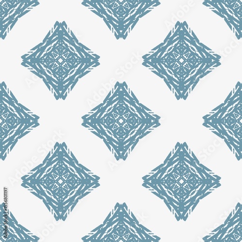 Geometric art pattern featuring repeating, stylized blue diamond shapes on a light gray background.