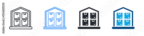 Warehouse Icon Set Multiple Style. Designed In Outline, Blue, Glyph, Dual Tone