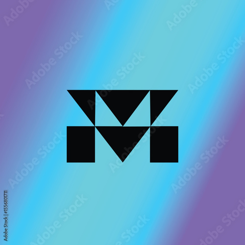 A bold and minimalistic logo concept featuring an abstract, geometric interpretation of the letter M, constructed from sharp triangles and squares. Perfect for use in tech companies, creative agencies