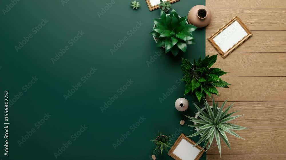 Minimalist green background with plants and empty picture frames