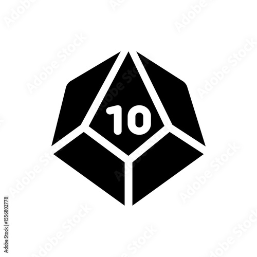 Illustration of a black ten sided die with the number ten displayed in the center on a white background
