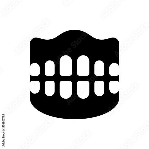 A stylized black and white graphic depicting a set of teeth within a jawline silhouette illustration design