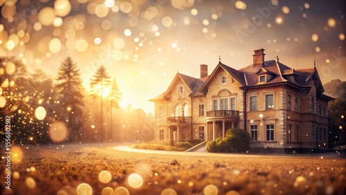 Grand Mansion at Sunset with Golden Bokeh