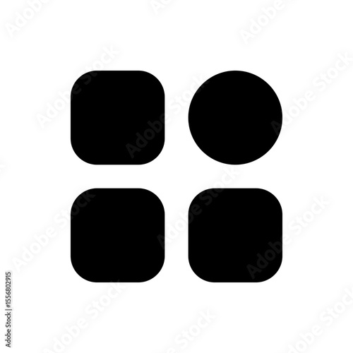 A simple arrangement of four black shapes including a circle and rounded squares on a white background
