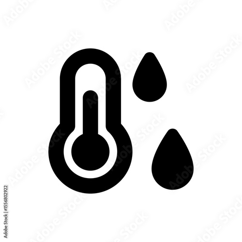Illustration of a thermometer with a bulb and two water droplets indicating humidity and temperature levels
