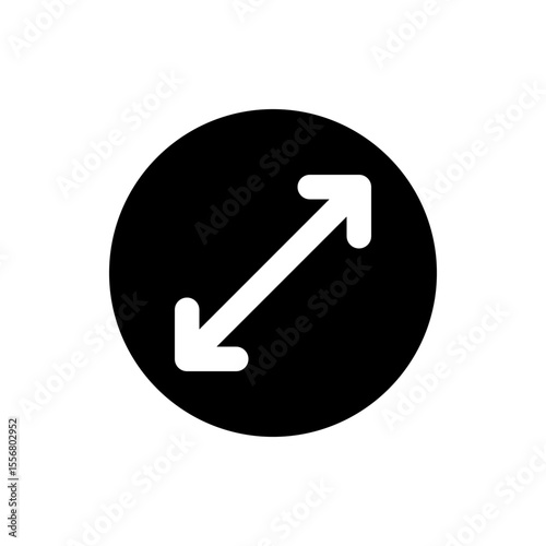 White diagonal arrow with two heads pointing in opposite directions inside a black circle shape design