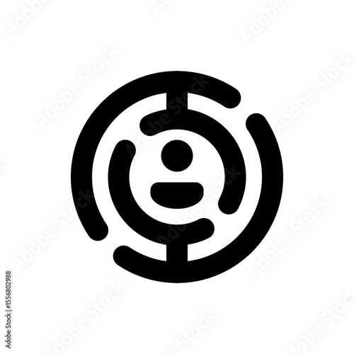 A stylized depiction of a person icon centered within a circular maze design in solid black color on white