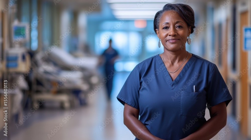 Fototapeta premium A confident middle-aged African American nurse standing in a hospital corridor. She represents dedication and professionalism in the healthcare industry.