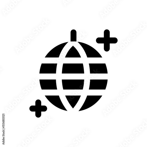 Illustration of a globe with latitude and longitude lines and two plus signs on a white background