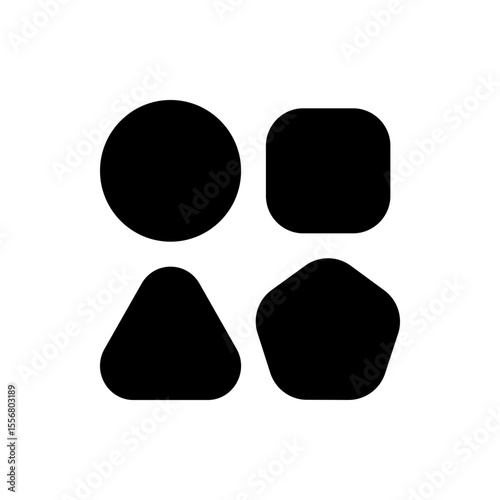 Illustration of four black geometric shapes including a circle square triangle and pentagon shape design