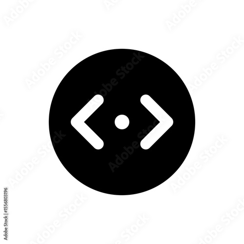 Black circle containing a white dot between a less than and greater than sign on a solid background