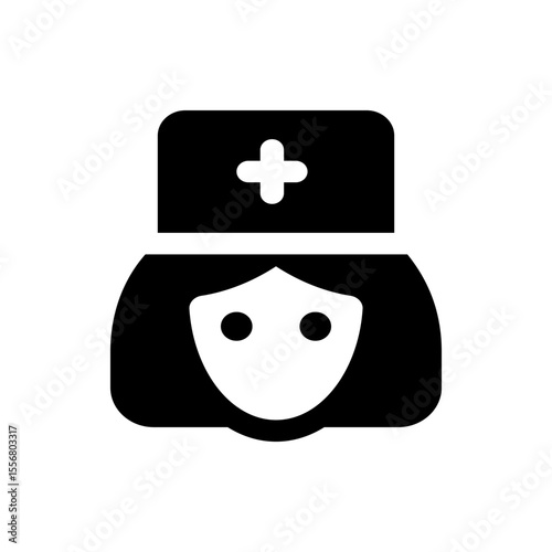 Illustration of a nurse with a traditional hat featuring a white cross symbol in a solid black design