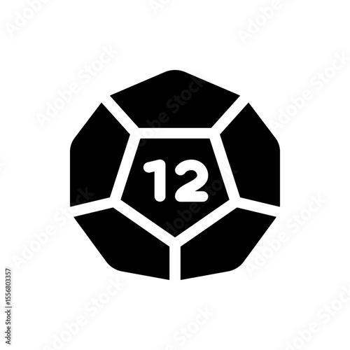 A black d twelve dice with white lines separating the sides and the number twelve in the center of the die