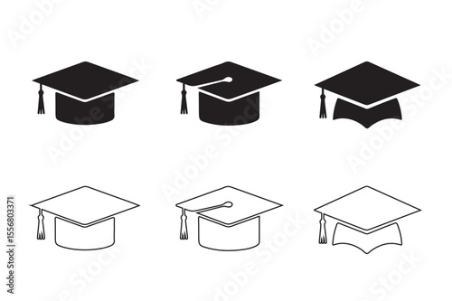 Graduation hat cap flat and outline icons set silhouette vector illustration on white background
