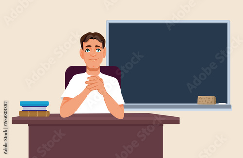 Happy Male Teacher Sitting at his Desk Vector Cartoon Illustration. Smiling professor ready for back to school season 

