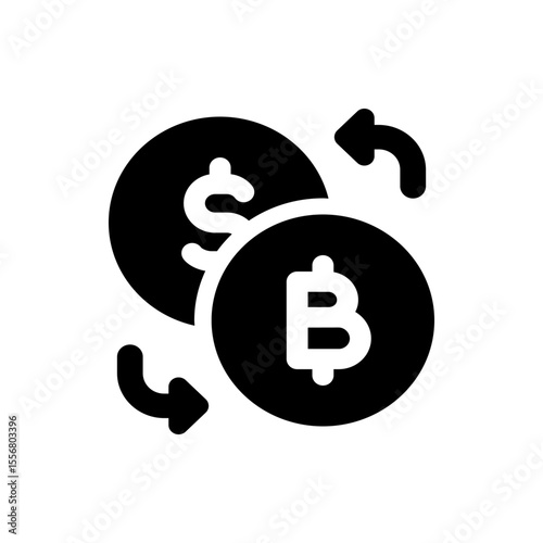 Currency exchange icon showing dollar and bitcoin with arrows indicating transaction of value transfer process