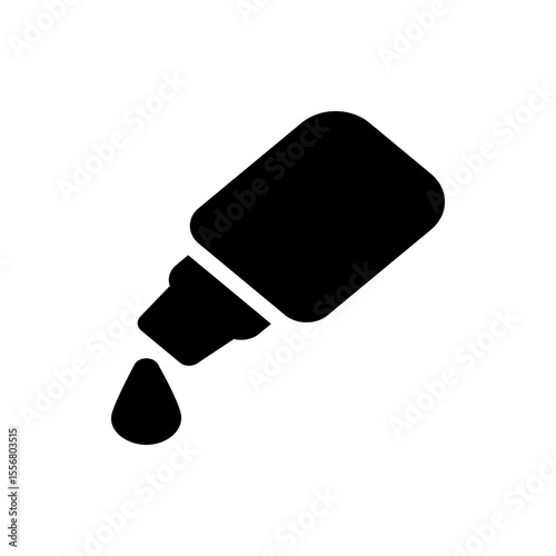 A black and white graphic of a bottle tilted with a drop falling from it representing liquid medicine or eye drops