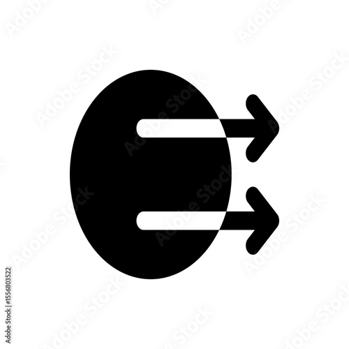Black circle with two white lines extending into arrows on the right side of the circle shape image here