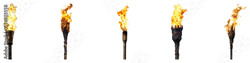 Vibrant Flames from Multiple Torches in a Dark Environment, PNG bundle collection, Isolated on Transparent Background
