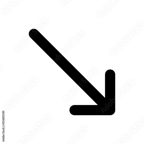 A simple black arrow pointing diagonally downwards on a white background with rounded edges and a thick line