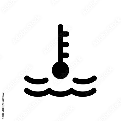 Black and white illustration of a thermometer above wavy lines indicating temperature or engine coolant level