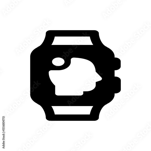 Black smartwatch displaying a white silhouette of a human head in profile on its rectangular screen face