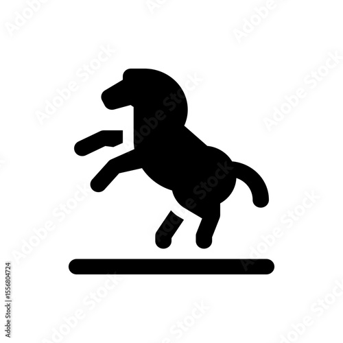 Silhouette of a horse rearing up on its hind legs above a horizontal line in a simple black and white design