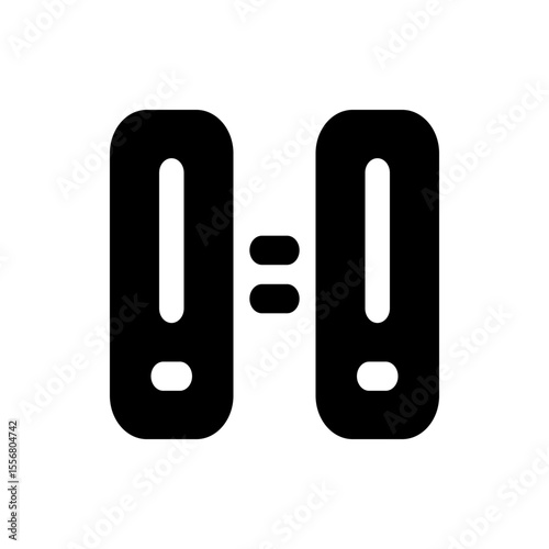 Two exclamation marks in rectangular shapes separated by an equals sign in a black and white design