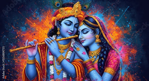 Elegant and Detailed Radha Krishna Painting for Janmashtami Festival Backdrops and Devotional Worship

