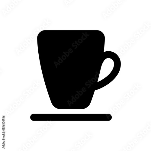 A simple black silhouette of a coffee cup with a handle sitting on a matching saucer design icon image