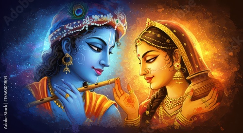 Spiritual Janmashtami Radha Krishna Painting Featuring Krishna’s Flute, Peacock Feather, and Sacred Symbols

