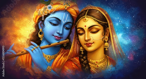 Traditional Indian Radha Krishna Painting Perfect for Janmashtami Festival Cards and Religious Invitations


