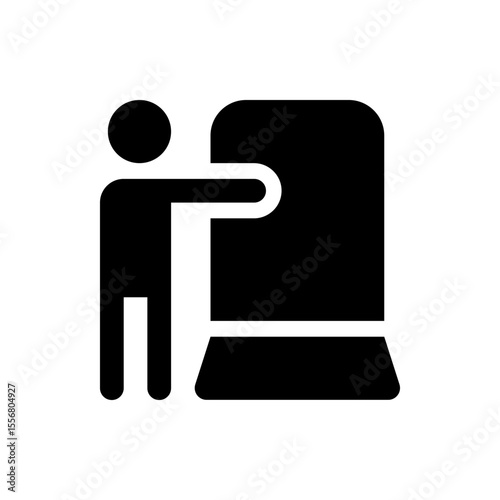 Illustration of a person interacting with a large machine or device in a simple black silhouette style