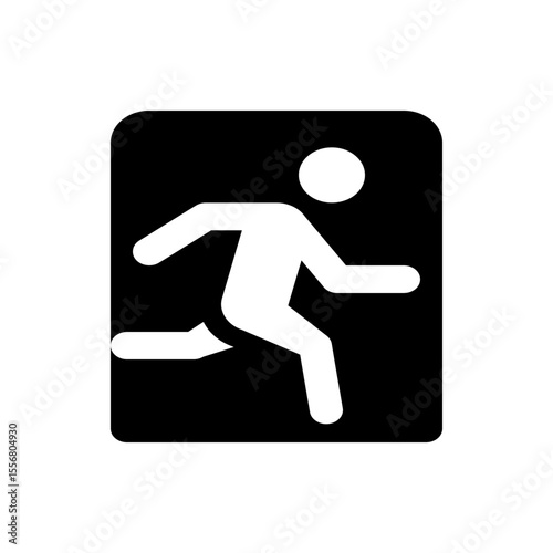 Illustration of a white stick figure running inside a black rounded rectangle, suggesting an exit sign