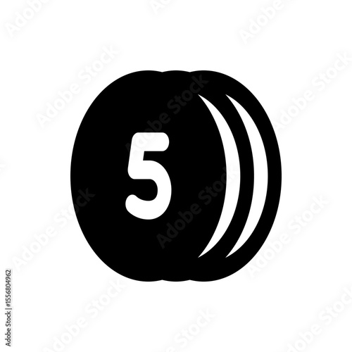 Illustration of a black oval shape containing the number five and three curved lines in a simple design style