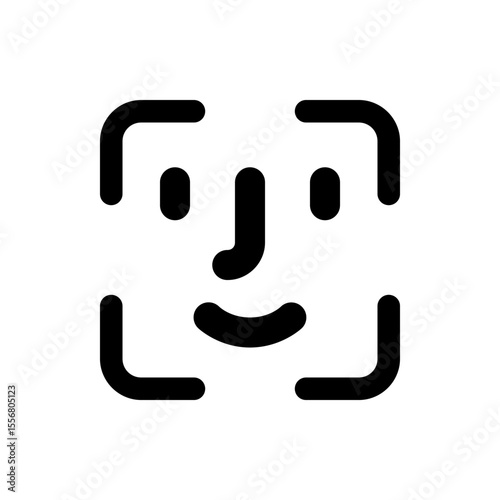 Black outline of a face with rounded corners and scanning frame for facial recognition technology use case