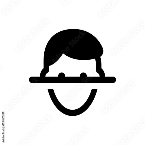 Stylized depiction of a person with obscured face and smiling mouth in simple black lines design art