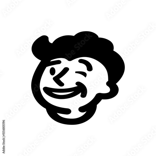 Cartoon style drawing of a winking man with black hair and a happy expression in a bold outline style