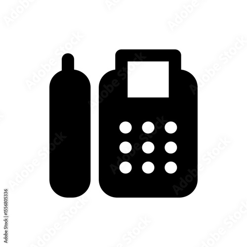 Illustration of a black landline phone with a handset, keypad, and display screen on a white background