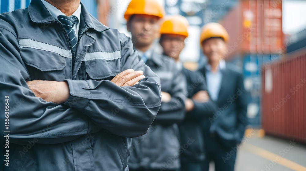 Fototapeta premium Warehouse, d manufacturing with tablet, inventory and checklist in a factory. person, worker and employee .Engineers are overseeing the transportation of cargo with containers inside the warehouse.