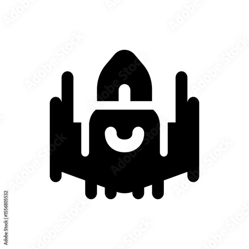 Illustration of a stylized spaceship with a central cabin and side wings in a solid black silhouette