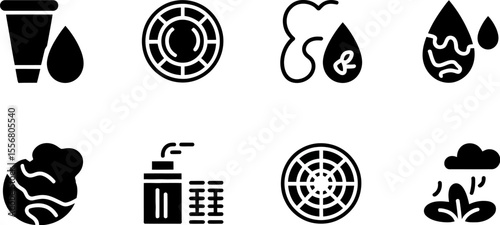 Black and white icon set featuring water drops, factory, cloud, and plant for graphic design needs vector illustration