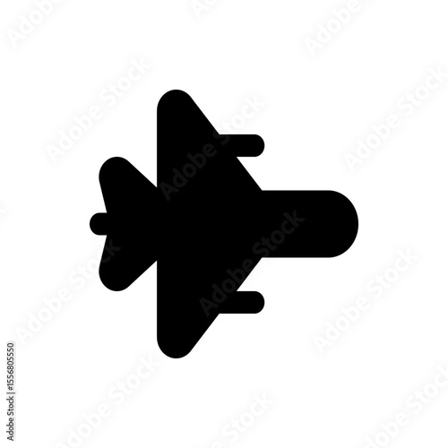 A simple black silhouette of an airplane with rounded edges and a minimalist design on a white background