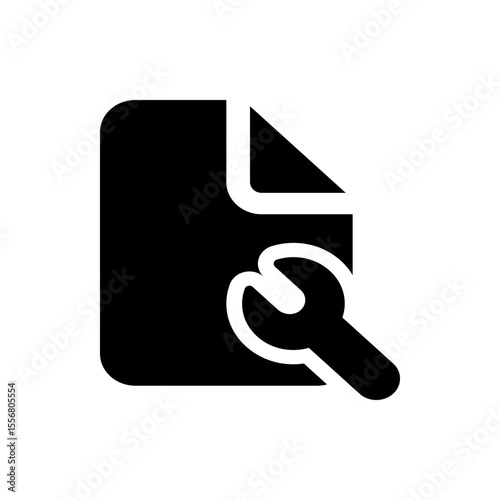 Black and white graphic illustration of a document with a wrench overlaying the lower right corner area