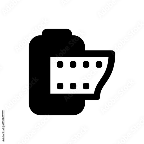 Illustration of a black film roll with visible perforations against a white background in a simple style